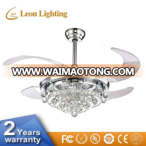 Hidden blades modern remote control decorative Crystal ac LED ceiling fan